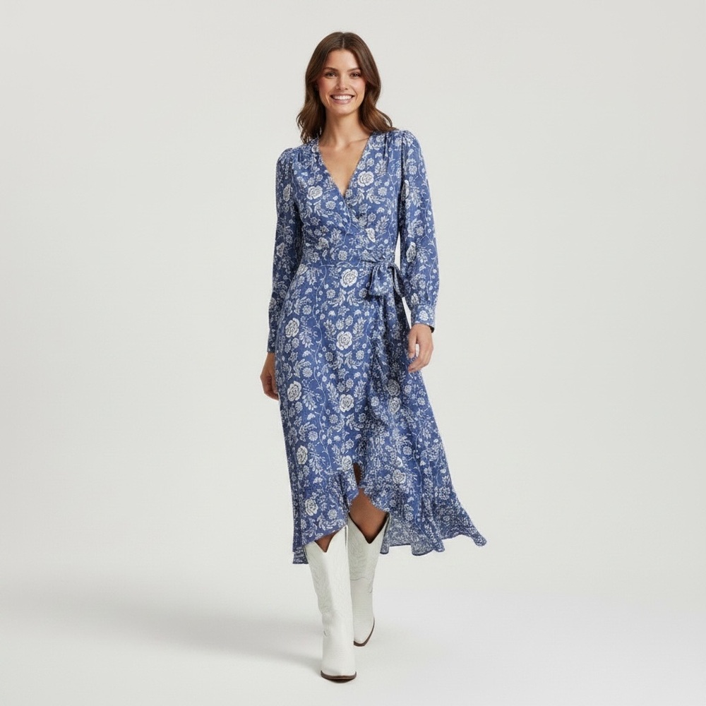 LC Lauren Conrad Hi-Lo Modern Wrap Tea Length Dress in Blue Rose Orchard NWT S